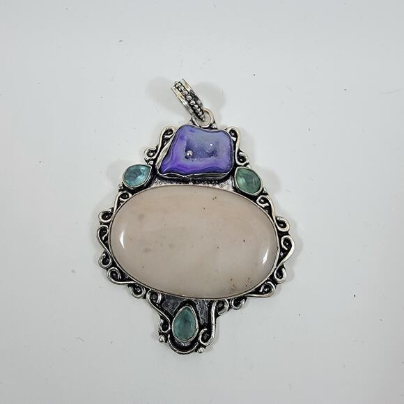 Handmade Silver Pendant with White Jasper, Sugilite & Emerald Accents - Picture 10 of 10